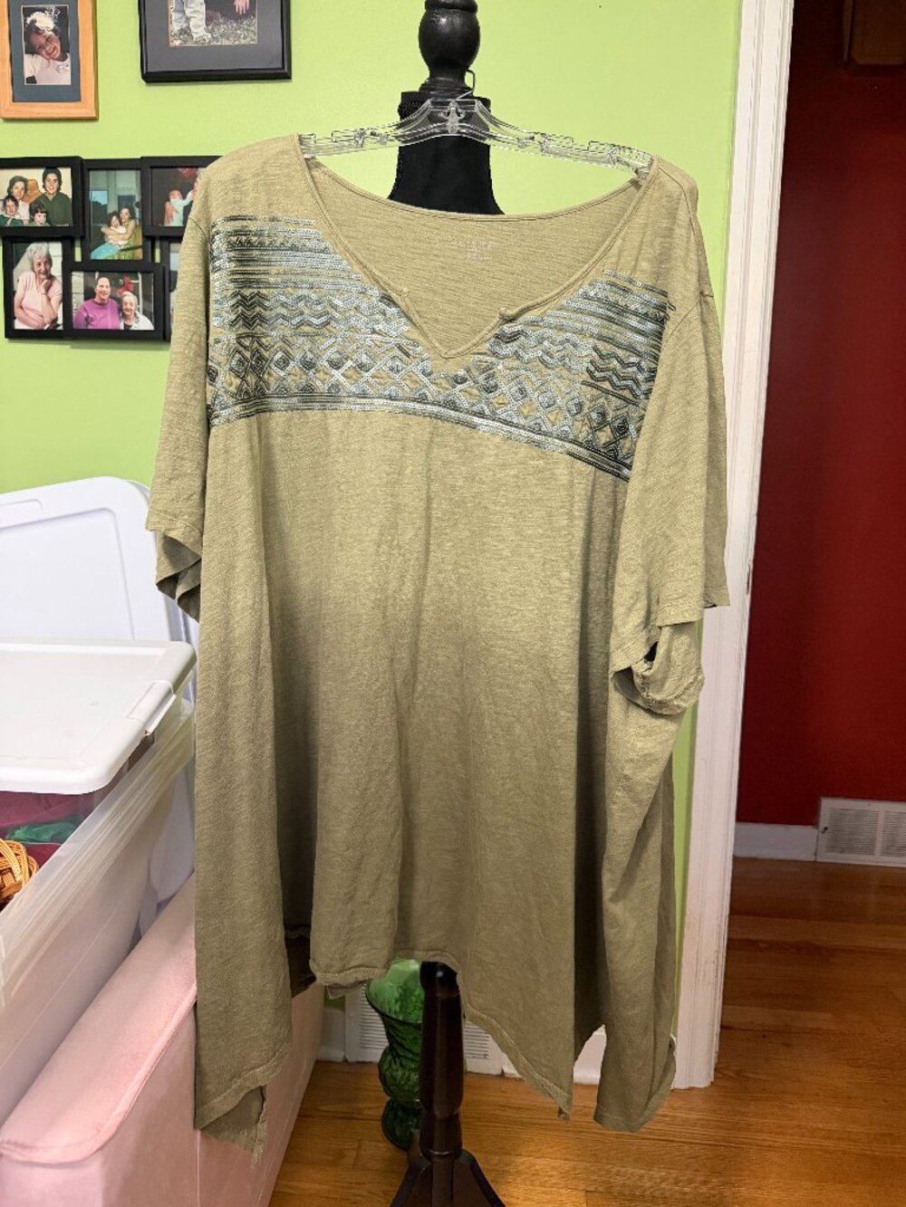Catherines 5X Khaki Hombre Short Sleeve Top with sequins
